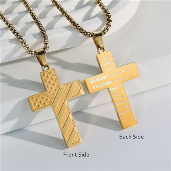 Gold American Flag Cross Necklace for Men Stainless Steel Box Chain 22+2 inch NW - Picture 2 of 7